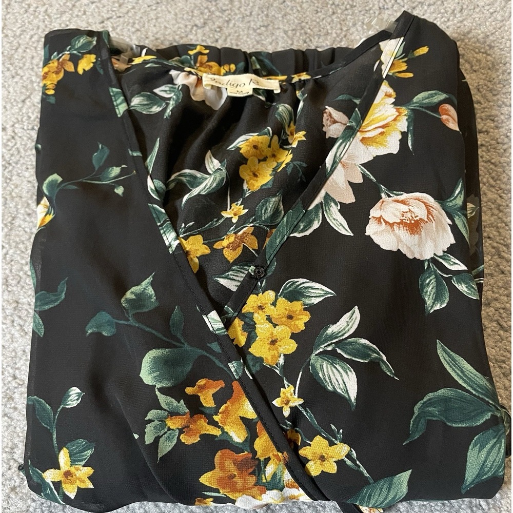 Indigo Rose Pleated Floral Dress Sz M Gold Pink Long Sleeve Career Party Cottage - Picture 12 of 12